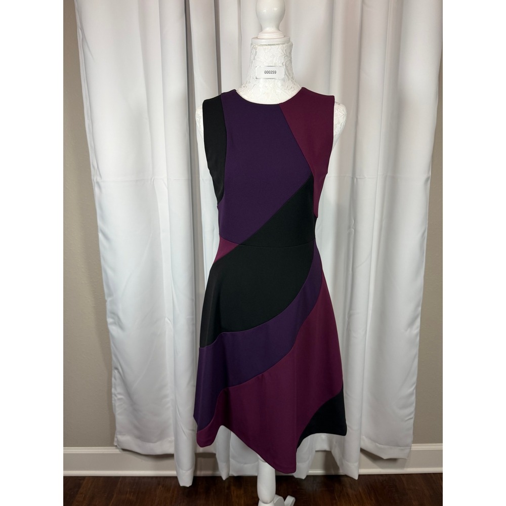 Donna Karan New York Colorblock Fit and Flare Dress Purple Black DR8H1152 Size 2